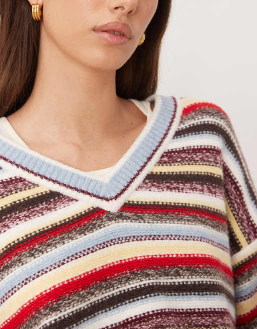 Abercrombie & Fitch v-neck striped long sleeve sweater in multi, 3 of 4