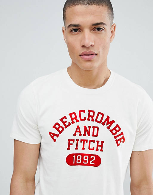 Abercrombie & Fitch varsity flock print logo crew neck t-shirt in white ...