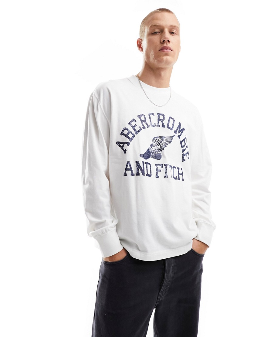 Abercrombie & Fitch varsity logo oversized long sleeve top in white