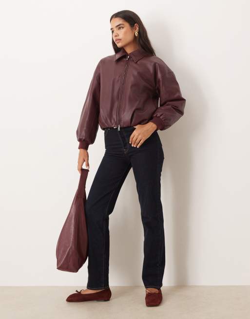 Abercrombie & Fitch vegan leather bubble hem bomber coat in burgundy, 3 of 4