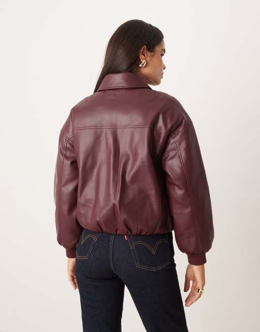 Abercrombie & Fitch vegan leather bubble hem bomber coat in burgundy, 4 of 4