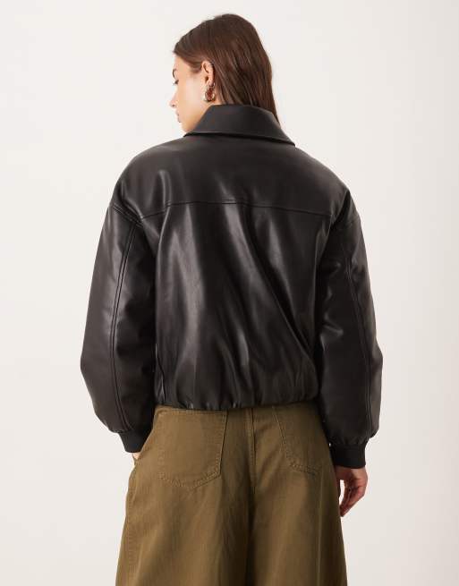 Abercrombie & Fitch vegan leather bubble hem bomber jacket in black, 3 of 4