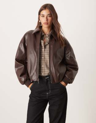 Abercrombie & Fitch vegan leather bubble hem bomber jacket in brown