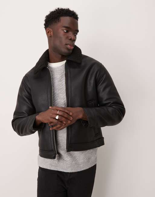 Abercrombie Fitch vegan leather sherpa lined shearling jacket in black ASOS