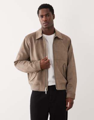 Abercrombie & Fitch Vegan Suede Bomber Jacket With Collar In Brown