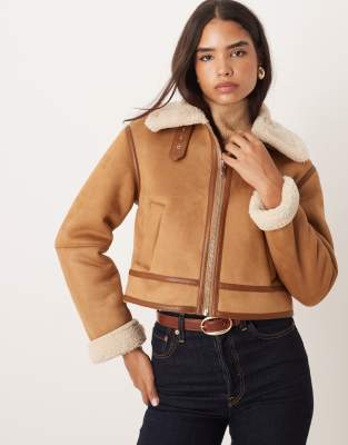 Abercrombie & Fitch vegan suede shearling short coat in brown