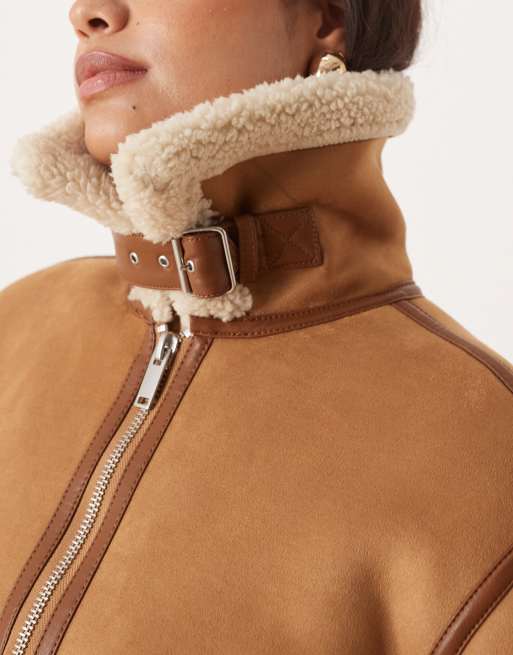 Abercrombie & Fitch vegan suede shearling short coat in brown, 3 of 4