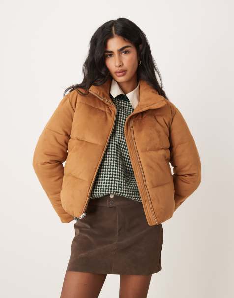 Abercrombie & Fitch vegan suede short puffer jacket in camel - view 1