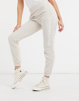 Abercrombie & Fitch vertical logo sweatpants in cream-White