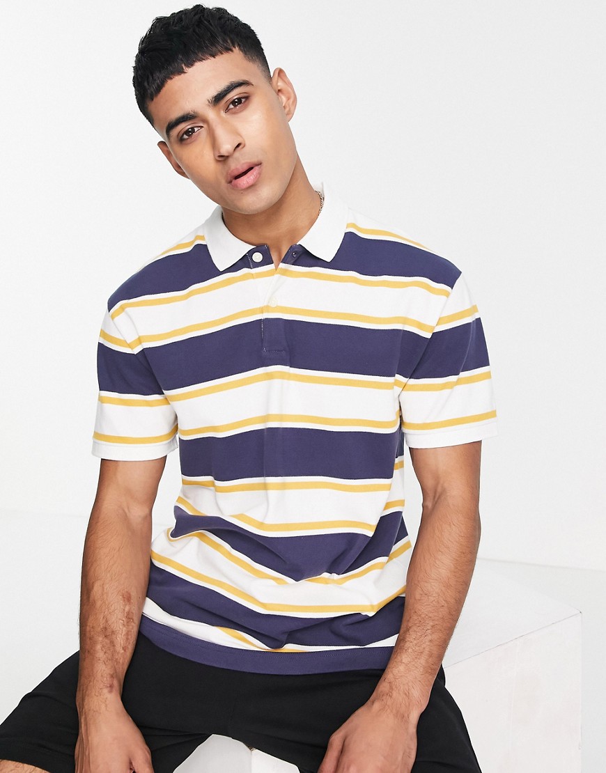 Abercrombie & Fitch Vertical Neutral Stripes Oversized Short Sleeve Rugby Polo In White