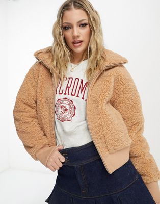 Abercrombie & Fitch sherpa mock neck jacket in beige - ASOS Price Checker
