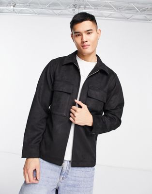 Abercrombie & Fitch faux suede zip front shirt jacket in black - ASOS Price Checker
