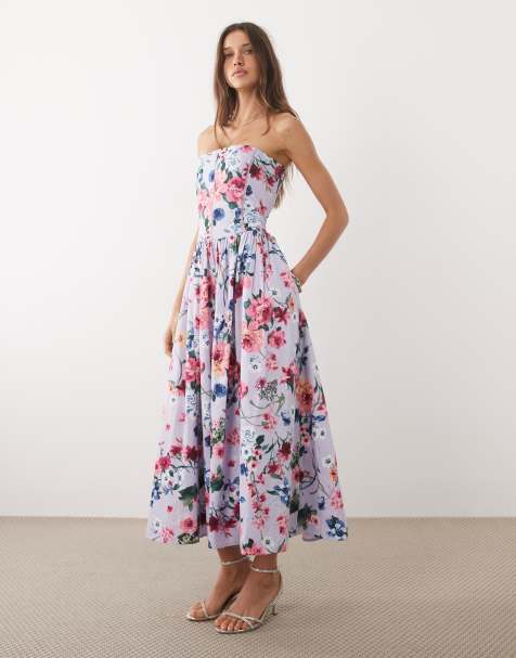 Abercrombie & Fitch - Vestido largo con estampado floral, escote palabra de honor y cintura estilo corsé - view 1