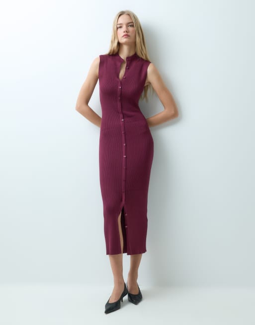 Abercrombie & Fitch vestido maxi de punto sin mangas con botones en burdeos, 3 de 4