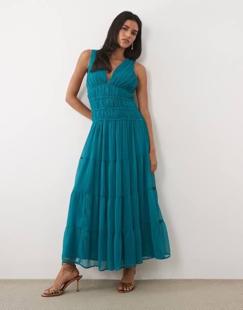 Abercrombie & Fitch - vestido maxi vaporoso de gasa arrugada con cuello de pico en azul verdoso - view 1