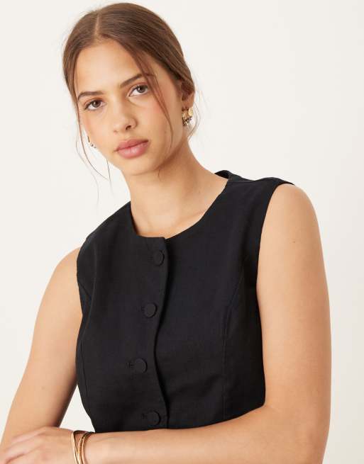 Abercrombie & Fitch - Vestito blazer corto accollato senza maniche nero in lino, 2 di 4