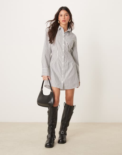 Abercrombie & Fitch - Vestito camicia corto nero a righe aderente a maniche lunghe