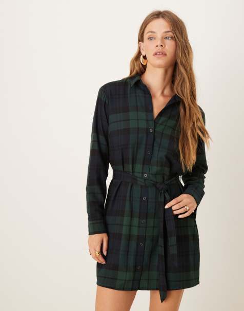 Abercrombie & Fitch - Vestito corto stretto in vita blu navy a quadri con maniche lunghe bombate - view 1