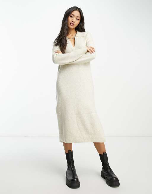 Abercrombie & Fitch - Vestito in maglia midi a maniche lunghe con colletto grigio chiaro