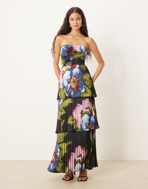 Abercrombie & Fitch - Vestito lungo a balze senza spalline in raso nero a fiori