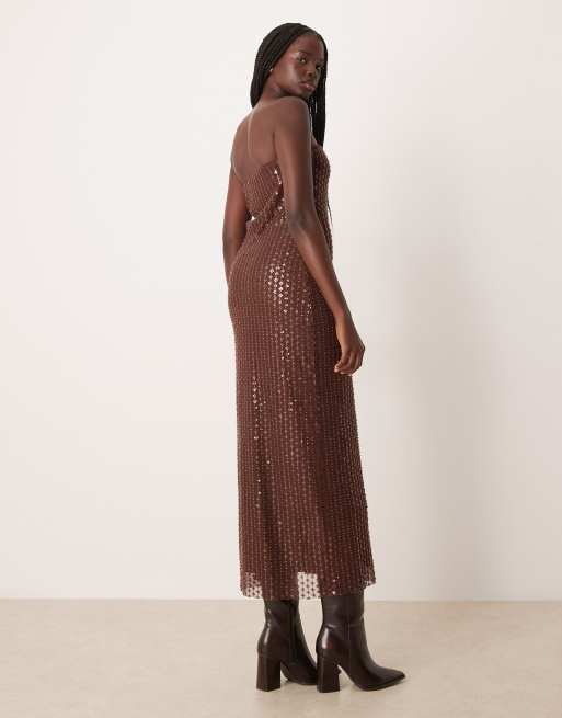 Abercrombie & Fitch - Vestito lungo a fascia marrone con paillettes e perline, 3 di 5