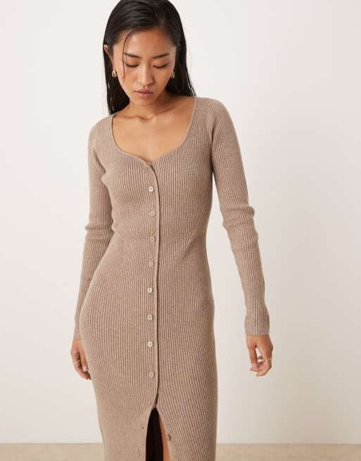 Abercrombie & Fitch - Vestito lungo aderente a maniche lunghe beige con scollo a V, 2 di 4