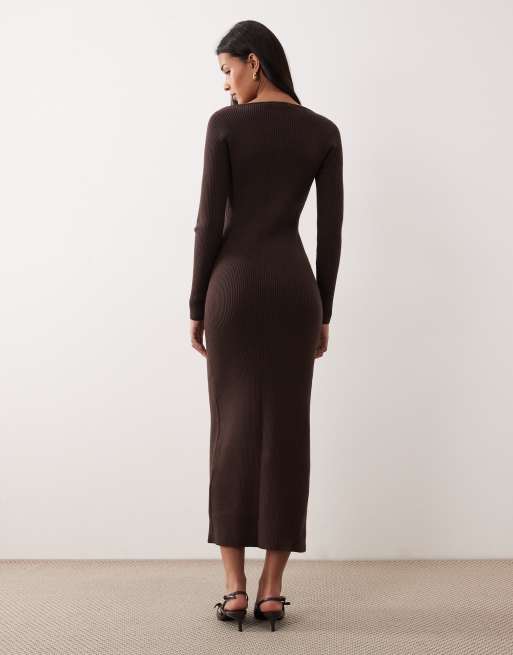 Abercrombie & Fitch - Vestito lungo aderente a maniche lunghe marrone con scollo a V, 2 di 4