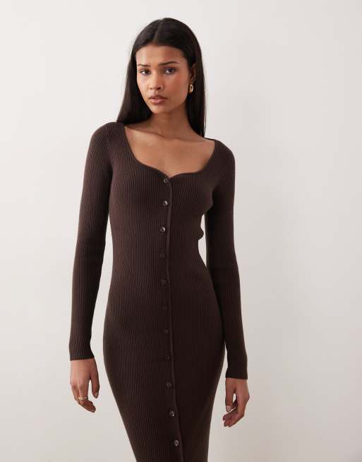 Abercrombie & Fitch - Vestito lungo aderente a maniche lunghe marrone con scollo a V, 3 di 4