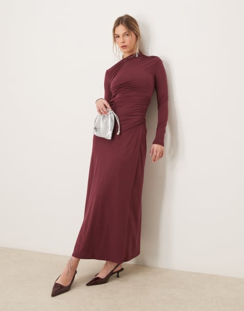 Abercrombie & Fitch - Vestito lungo bordeaux accollato arricciato a portafoglio - view 1