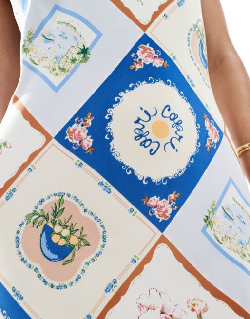 Abercrombie & Fitch - Vestito lungo con stampa blu a piastrelle, 2 di 4