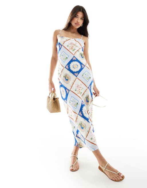 Abercrombie & Fitch - Vestito lungo con stampa blu a piastrelle, 4 di 4