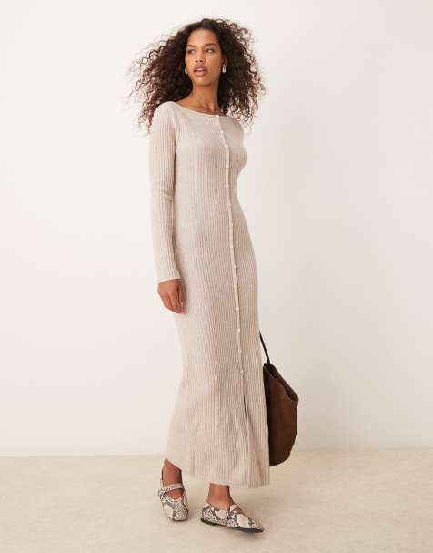 Abercrombie & Fitch - Vestito lungo in maglia a maniche lunghe con bottoni beige chiaro - view 1
