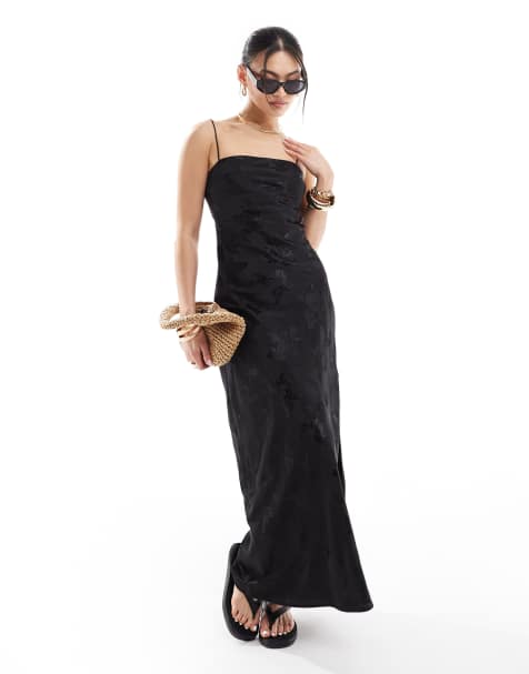 Abercrombie & Fitch - Vestito lungo in raso nero con stampa jacquard - view 1