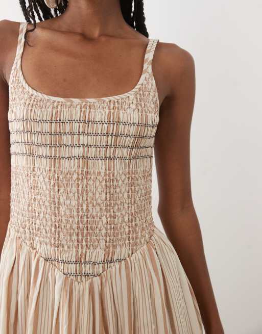 Abercrombie & Fitch - Vestito lungo marrone a righe con scollo rotondo e vita scesa, 2 di 4