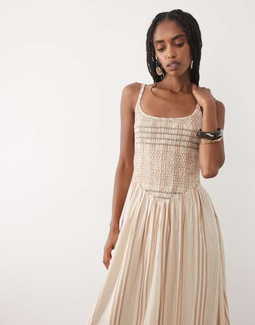 Abercrombie & Fitch - Vestito lungo marrone a righe con scollo rotondo e vita scesa, 4 di 4