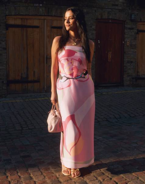 Abercrombie & Fitch - Vestito lungo senza spalline in raso rosa a fiori - view 1