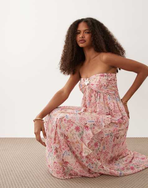 Abercrombie & Fitch - Vestito lungo senza spalline rosa a fiori con volant e dettagli in metallo - view 1