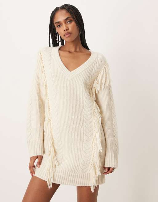 Abercrombie & Fitch - Vestito maglia corto color crema con frange