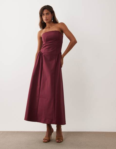 Abercrombie & Fitch vestito maxi a fascia con fondo asimmetrico e vita a corsetto bordeaux - view 1