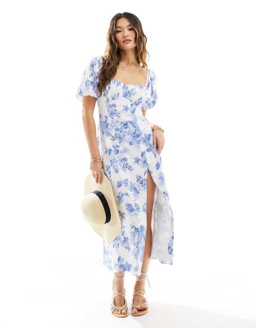 Abercrombie & Fitch - Vestito midi con maniche a sbuffo e corpetto arricciato a fiori blu