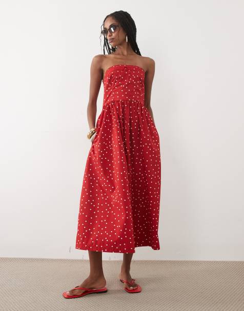 Abercrombie & Fitch - Vestito midi rosso a pois senza spalline - view 1