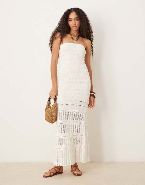 Abercrombie & Fitch - Vestito midi senza spalline color crema in pizzo all'uncinetto - view 1