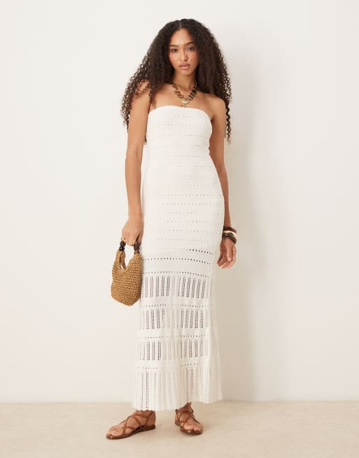 Abercrombie & Fitch - Vestito midi senza spalline color crema in pizzo all'uncinetto
