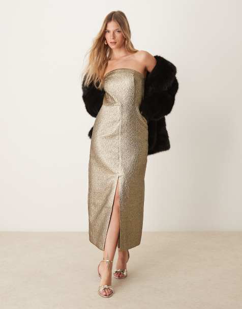 Abercrombie & Fitch - Vestito midi senza spalline color oro metallizzato - view 1
