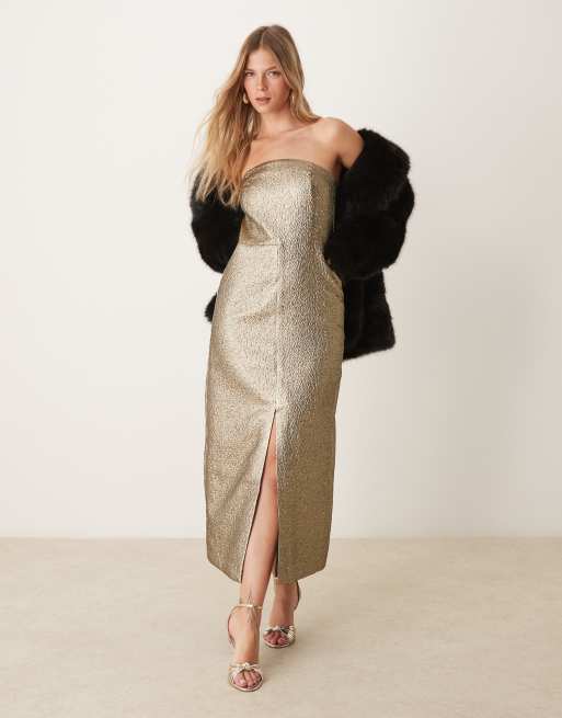 Abercrombie & Fitch - Vestito midi senza spalline color oro metallizzato