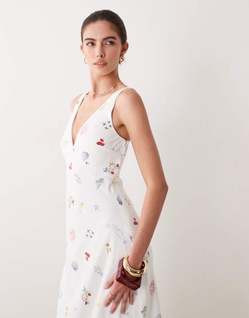Abercrombie & Fitch - Vestito sottoveste midi con scollo a V e stampa estiva, 4 di 4