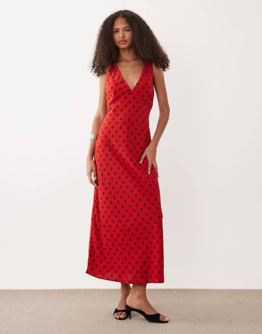 Abercrombie & Fitch - Vestito sottoveste midi rosso a pois con scollo a V, 2 di 4