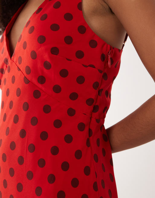 Abercrombie & Fitch - Vestito sottoveste midi rosso a pois con scollo a V, 3 di 4