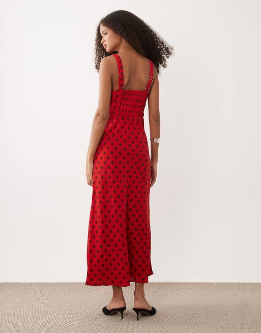Abercrombie & Fitch - Vestito sottoveste midi rosso a pois con scollo a V, 4 di 4
