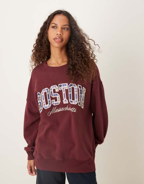 Abercrombie & Fitch – Vinröd sweatshirt med rund halsringning och rutig logga - view 1